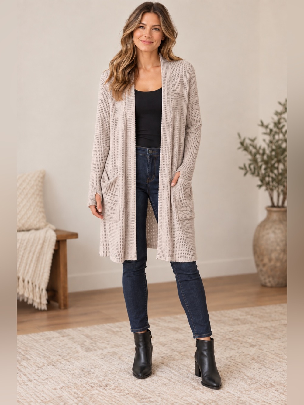 Blakeley One Size‎ Taupe Waffle Knit Open Cardigan Sweater Duster Pockets Jacket